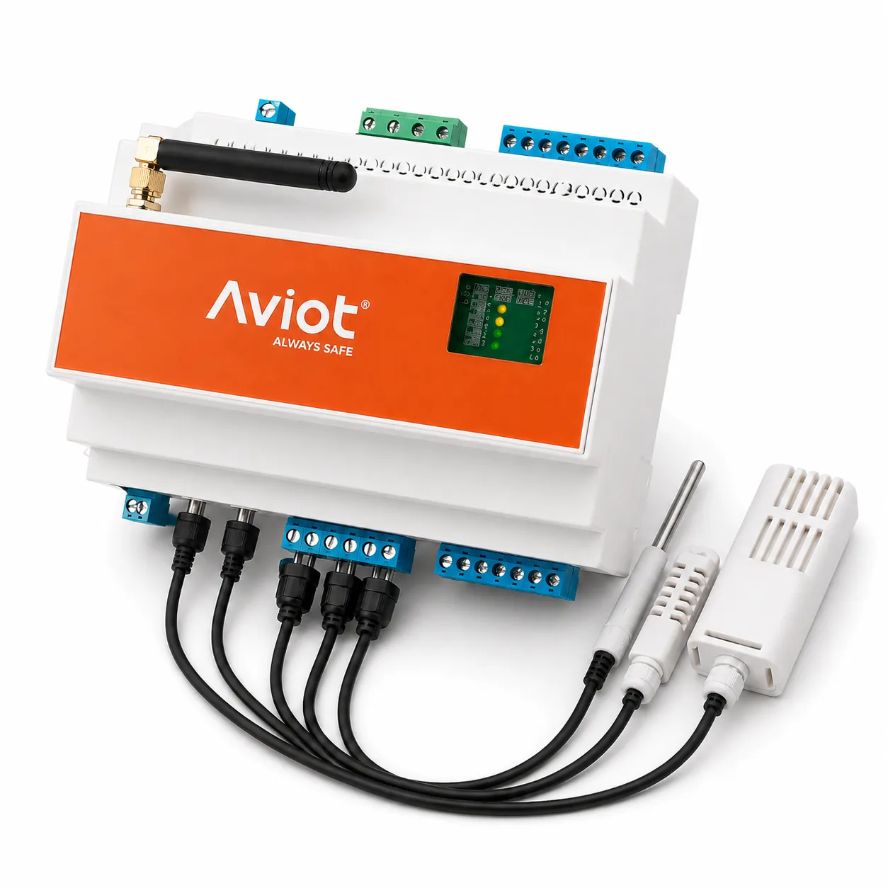 Aviot30 — placa con caja DIN, sondas y antena