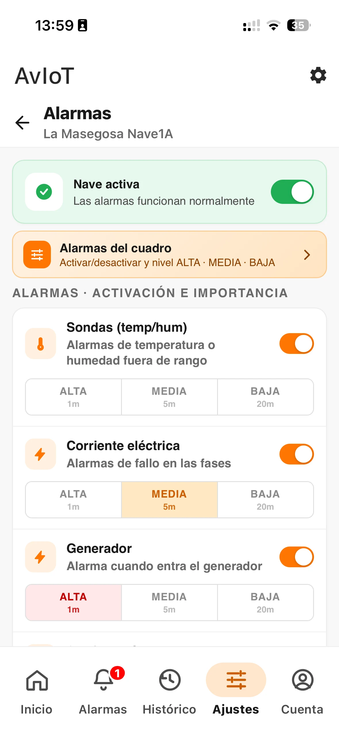 App Aviot — configuración de alarmas