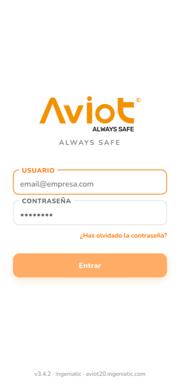 Pantalla de login de Aviot