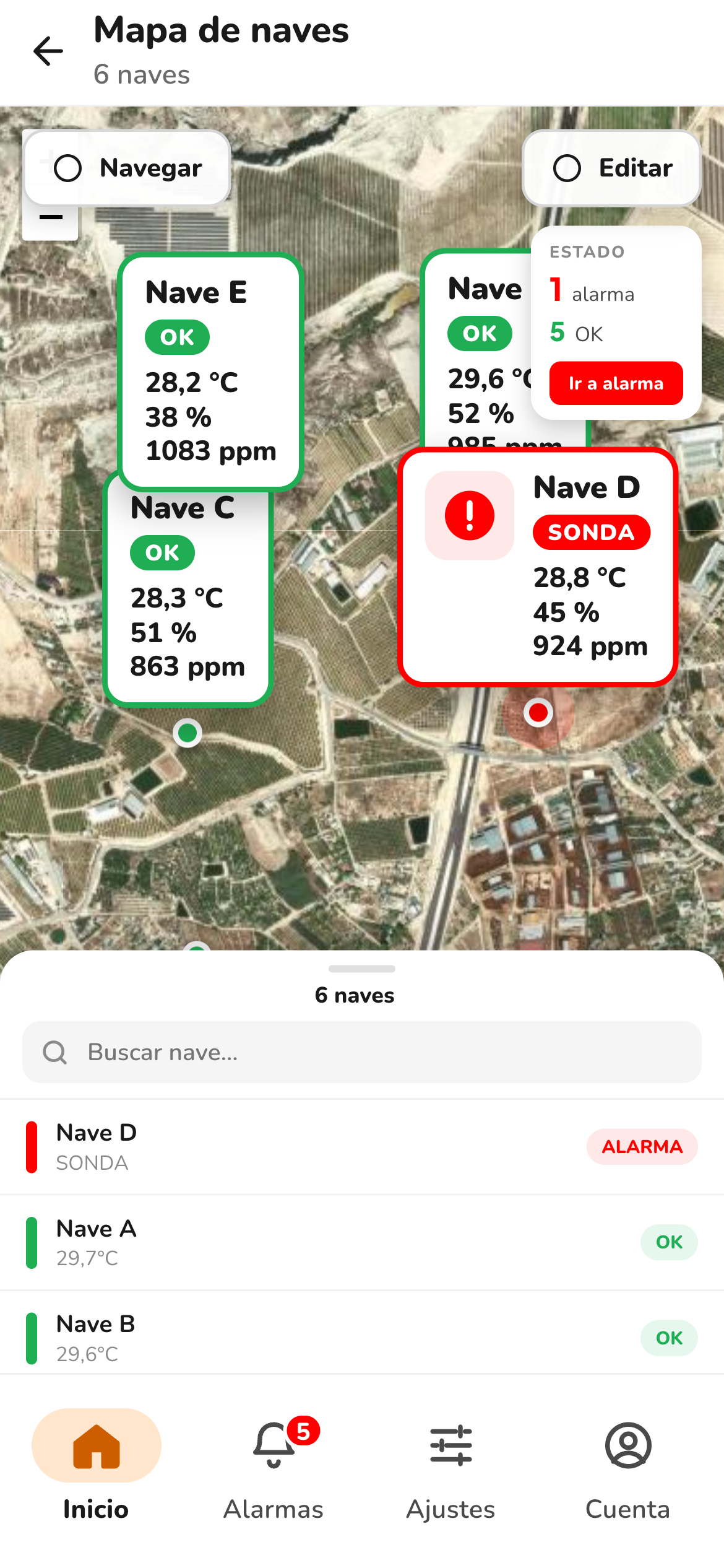 Mapa satélite con las naves geolocalizadas