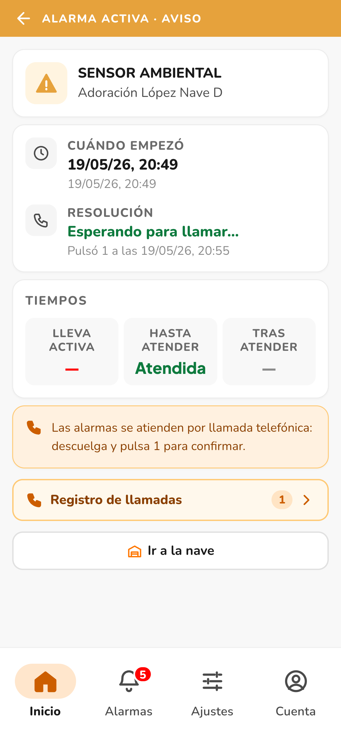 Detalle de una alarma con tiempos y quién pulsó 1