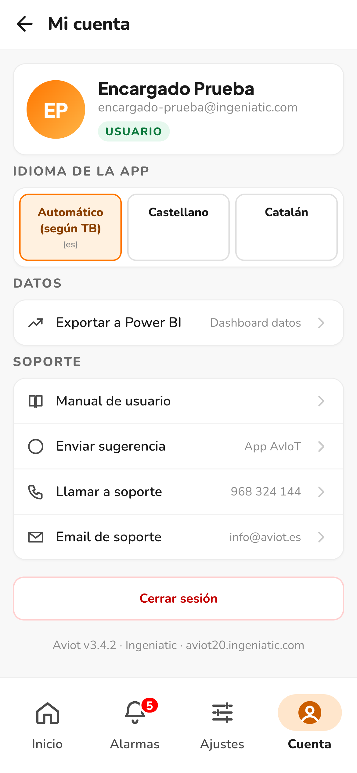 Pantalla Mi cuenta con datos del usuario, idioma y soporte
