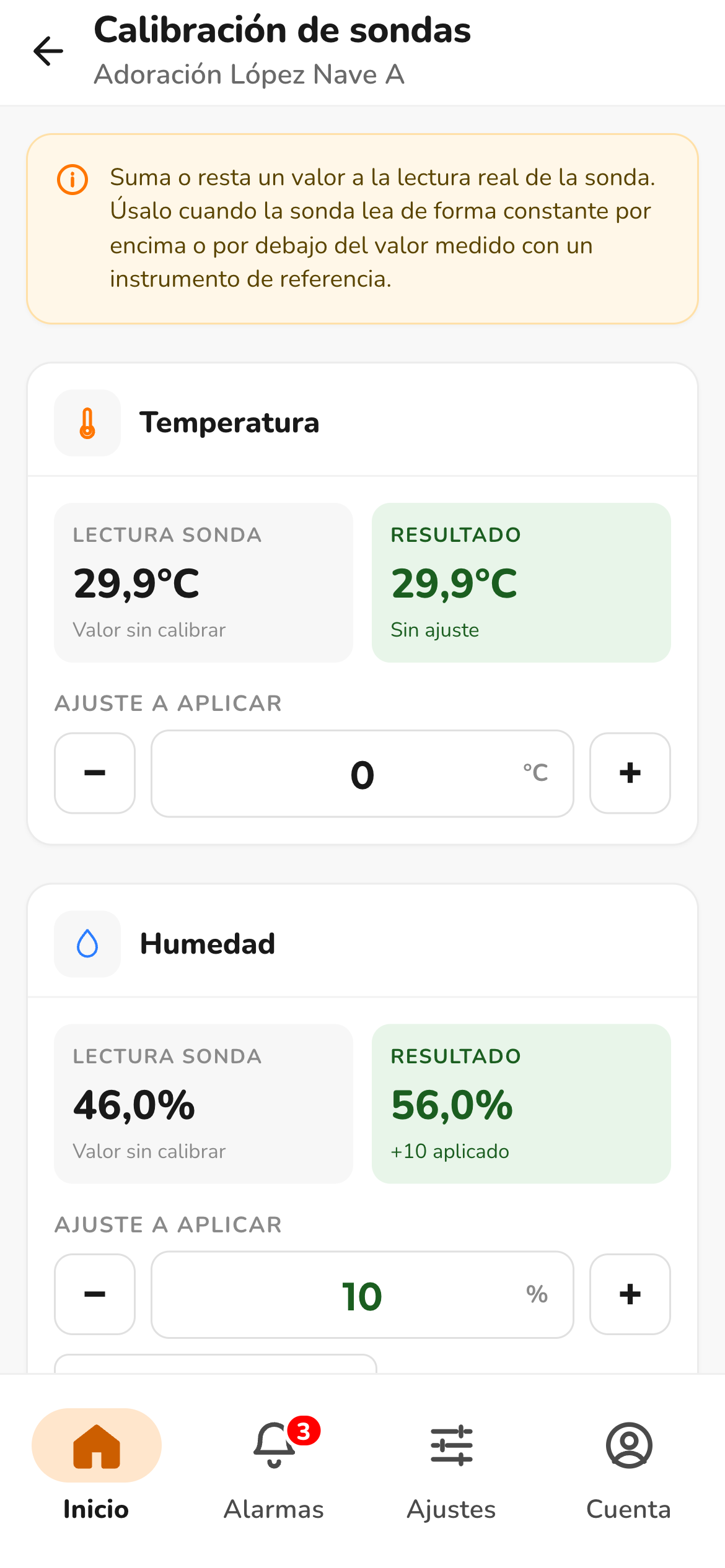 Pantalla de calibración de sondas con tarjetas de temperatura, humedad y CO2