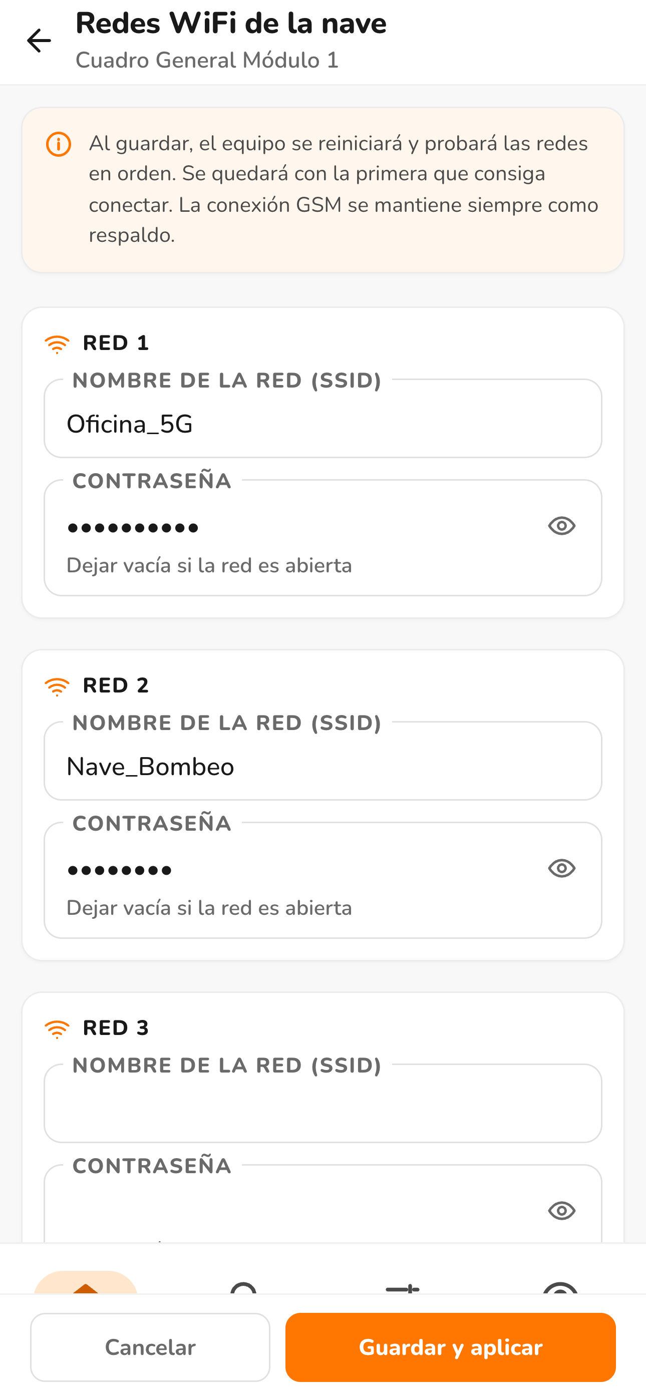 Pantalla de configuración de redes WiFi del equipo